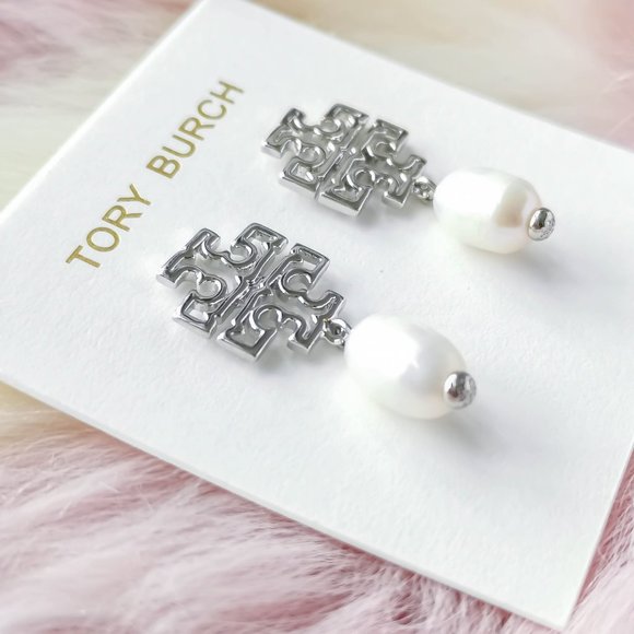 Tory Burch Silver Britton Logo White Pearl Drop Earrings - Picture 2 of 3